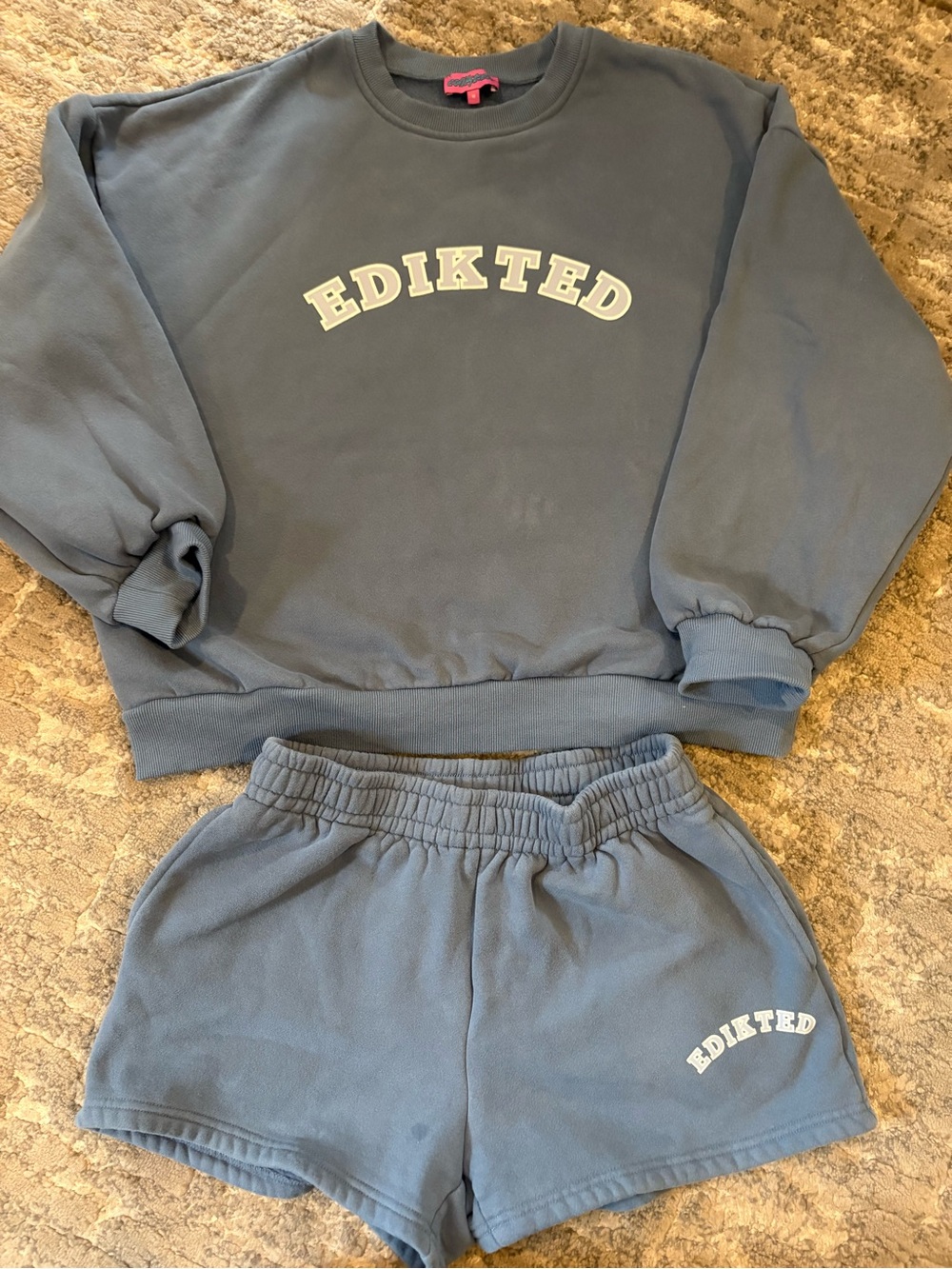 Edikted Slate Blue Pullover Crewneck Sweatshirt with Matching Shorts